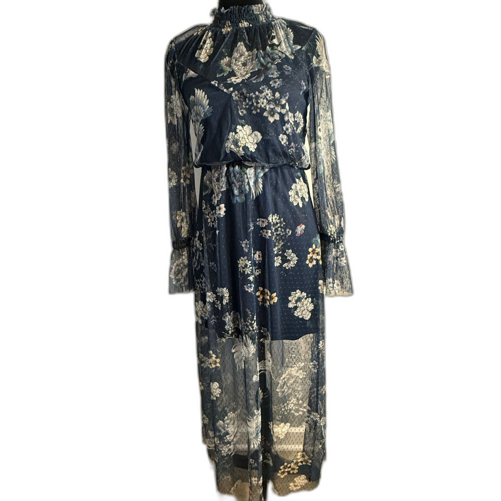 Navy Blue Floral Mesh Maxi Dress — Smocked High Neck, Long Sleeve, Bell Cuff
